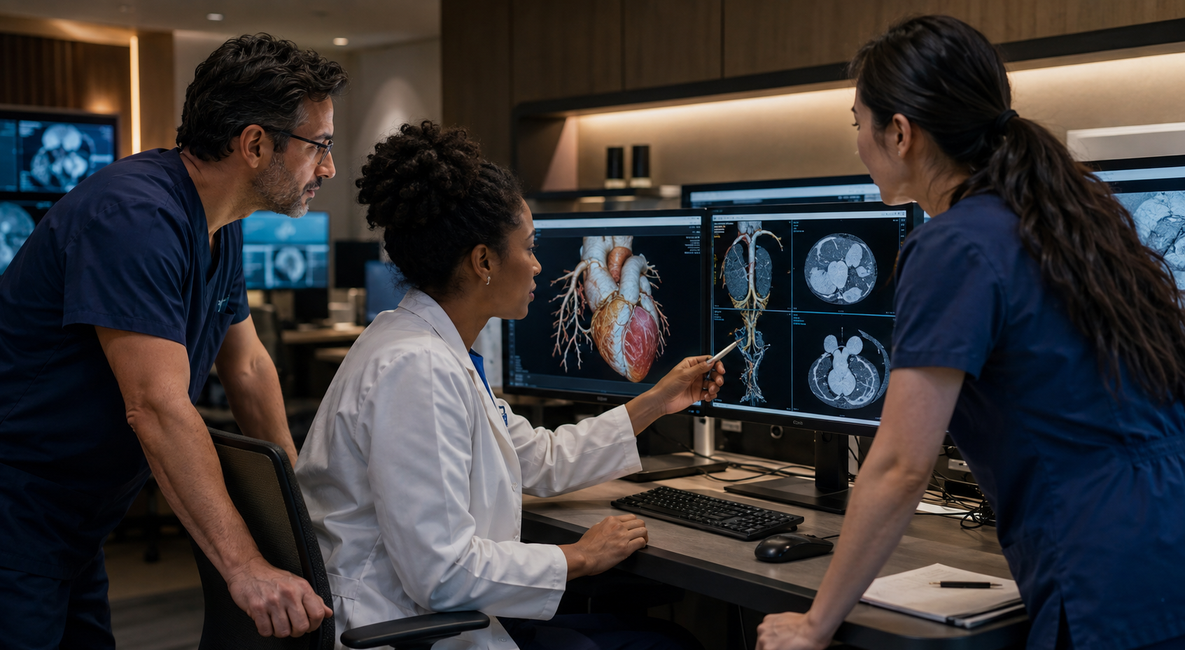 Advanced imaging professionals collaborating at a diagnostic workstation