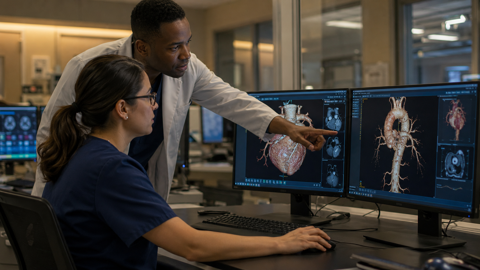 Imaging professionals collaborating at an advanced visualization workstation